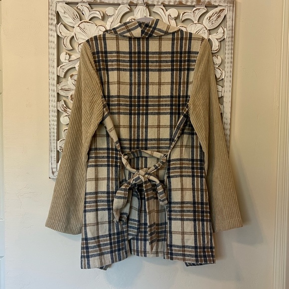 NWT Entro Plaid Flannel and Corduroy Sleeved Draped Front Jacket with Belt - Picture 2 of 8